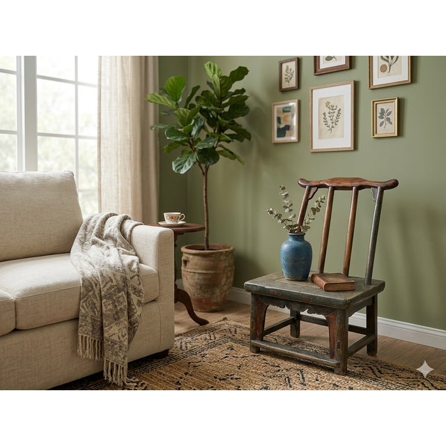 Vintage Rustic Patina Small Low Wood Bench Stool Table W Back For Sale - Image 9 of 9