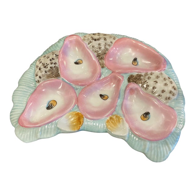 Antique Vintage Hand-Painted Half Moon Oyster Plate. For Sale