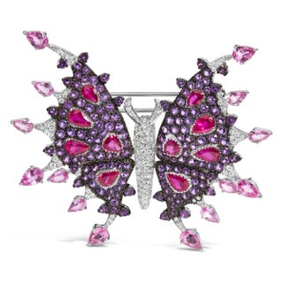 18K White Gold 1.00 Cttw Diamond, Ruby Sapphire, and Amethyst Mixed Gemstone Butterfly Brooch Pin (G For Sale
