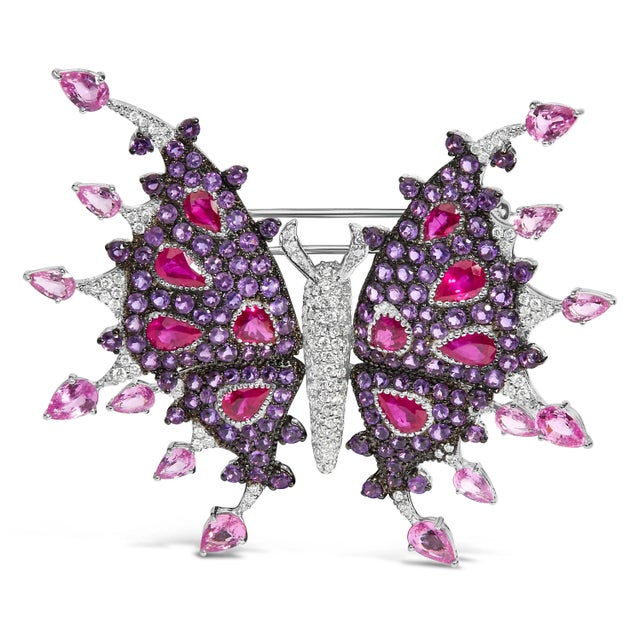 18K White Gold 1.00 Cttw Diamond, Ruby Sapphire, and Amethyst Mixed Gemstone Butterfly Brooch Pin (G For Sale