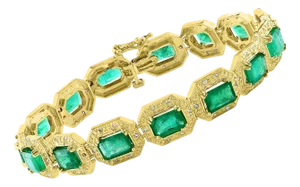 18 Carat Emerald Cut Emerald and Diamond Tennis Bracelet 14 Karat Yellow Gold