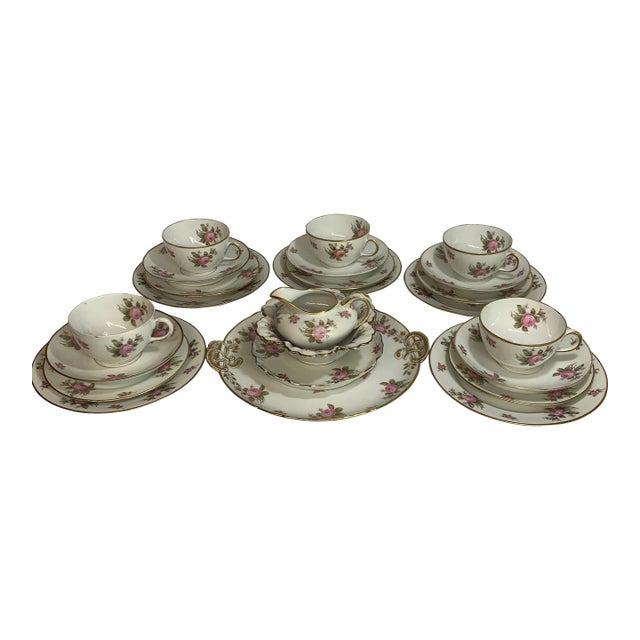Gda Limoges Fine Porcelain Luncheon Tea Set Featuring a Classic Pink Rose Motif - 23 PCS For Sale