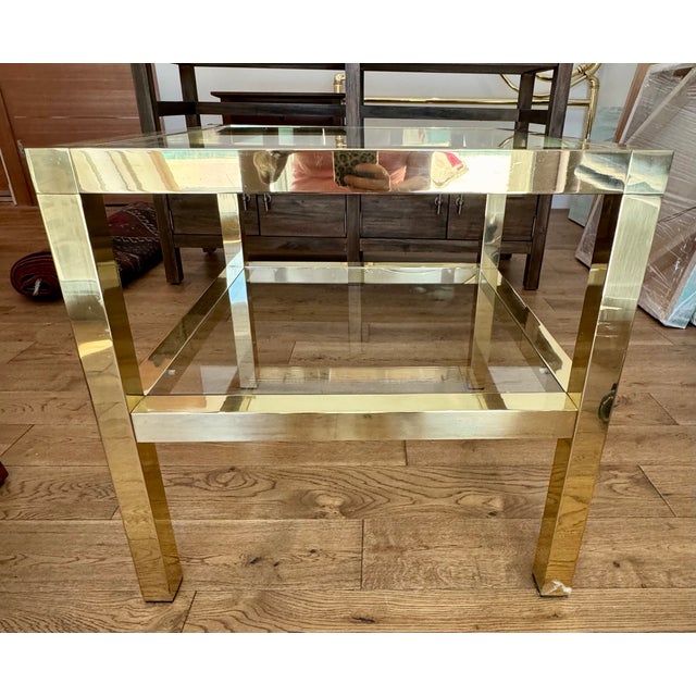 Vintage Solid Brass End Table / Nightstand/ Side Table with Glass Top — Hollywood Regency Modernist Striking vintage solid...