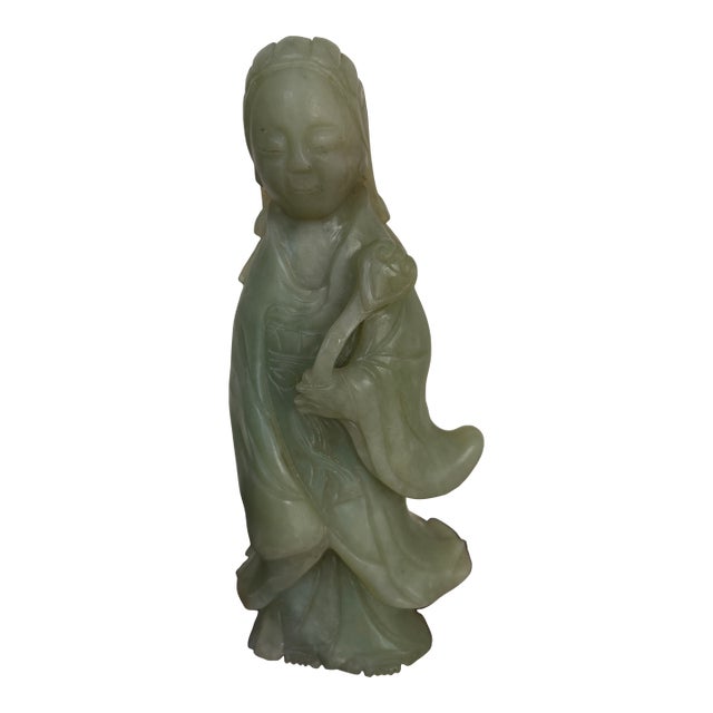 Vintage Mid Century Chinese Carved Guanyin Serpentine 9” Stone Statue For Sale