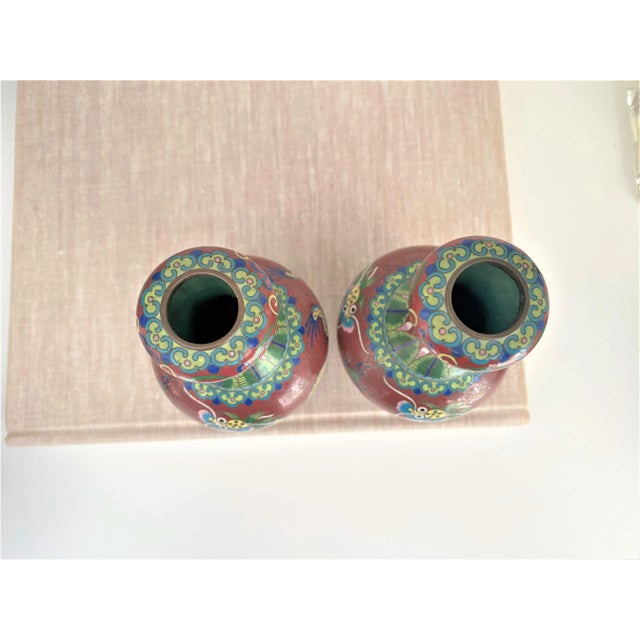 Raspberry Red Antique Petite Chinese Dragon Cloisonné Garlic-Head Vases - a Pair For Sale - Image 8 of 11