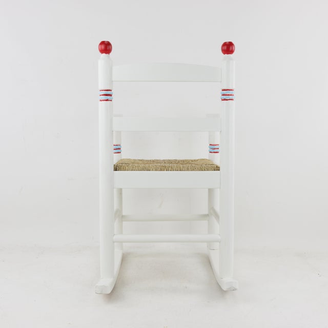 Late 20th Century Lovely Hand-Painted Children's Rocking Chair With Hand-Woven Reed Seat Cushions For Sale - Image 5 of 12