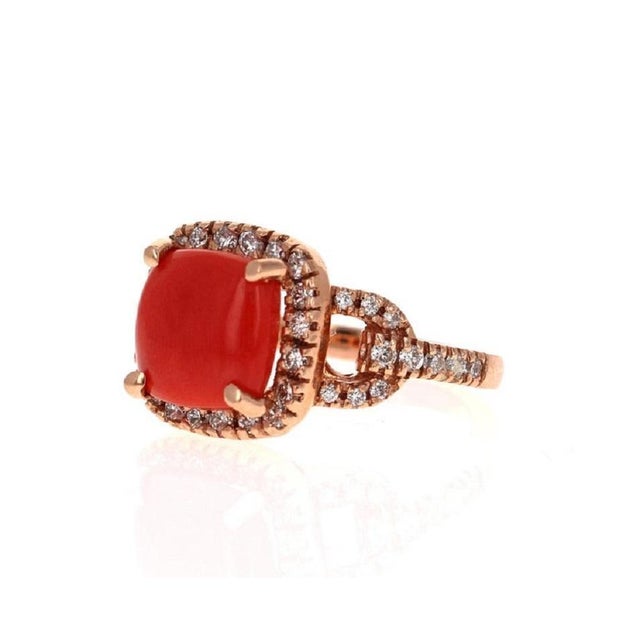 Contemporary 3.95 Carat Coral and Diamond 14 Karat Rose Gold Cocktail Ring, Size 7 For Sale - Image 3 of 6