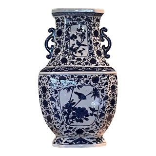 Late 20th Century Large 18" Chinese Blue & White Hexagonal Porcelain Vase Bird Floral Qianlong Mark For Sale