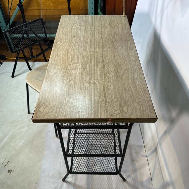 Mid Century Formica Top Iron Mesh Student Desk Built in Lamp With Matching Chair For Sale - Image 4 of 12