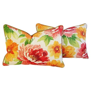 Custom Jewel-Tone Floral Lumbar Feather/Down Pillows 26" X 18" - Pair For Sale