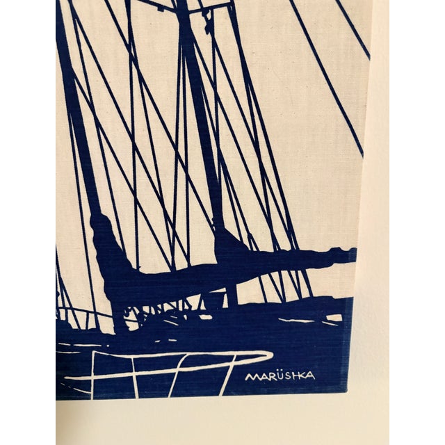 A striking vintage Marüshka nautical screen print featuring a collection of sailboat masts and rigging rendered in deep...