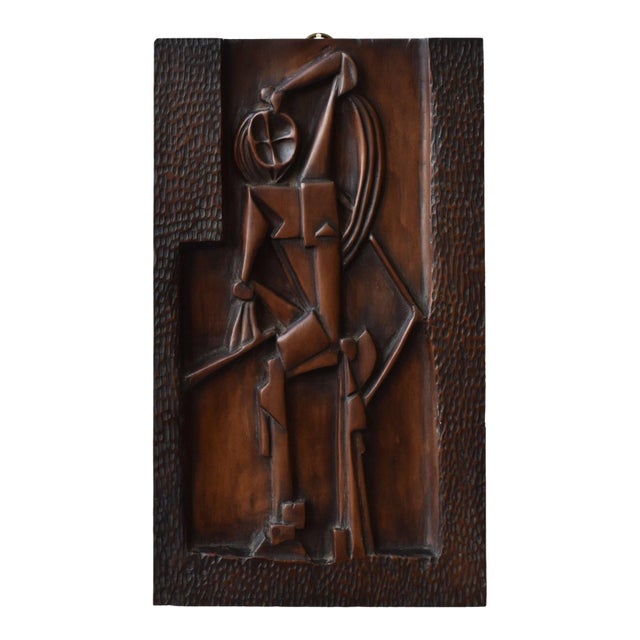 Vintage Cubist Carved Bas Relief Portrait, Circa 1940s For Sale