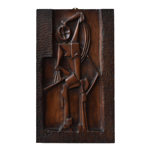 Vintage Cubist Carved Bas Relief Portrait, Circa 1940s
