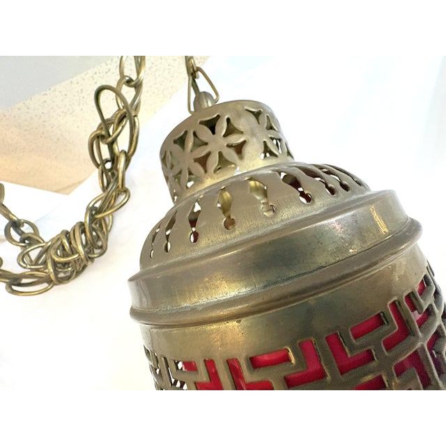 Brass 1900's Middle Eastern Hammered & Pierced Brass Swag Electrified Lanterns With Red Liner- A Pair For Sale - Image 8 of 18