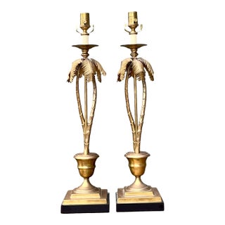 Vintage Palm Tree Brass Table Lamps - Pair For Sale