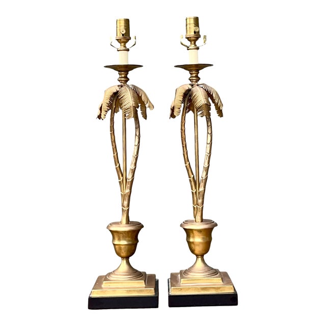 Vintage Palm Tree Brass Table Lamps - Pair For Sale