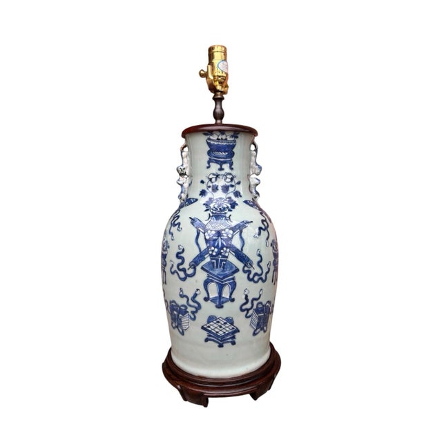 19th Century Chinese Blue & White Celadon Glazed Pottery Vase Table Lamps - A Pair For Sale - Image 4 of 12