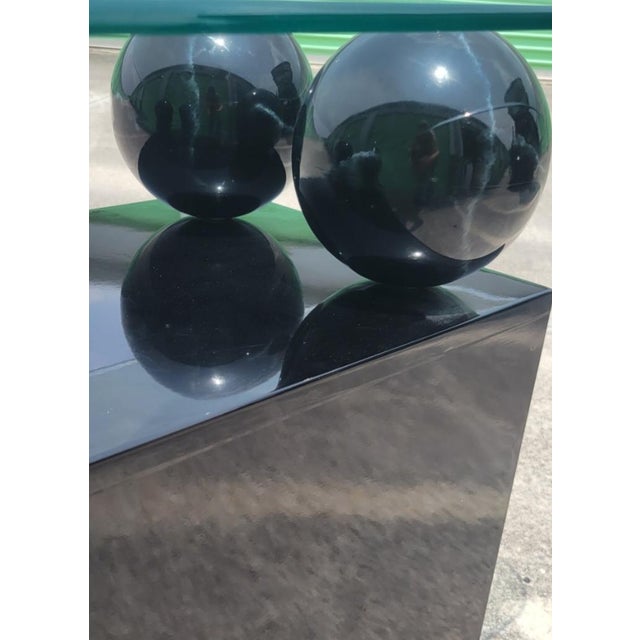 Vintage Post Modern Black Lacquer Sphere Glass Top Karl Springer Style Console Table For Sale - Image 10 of 11
