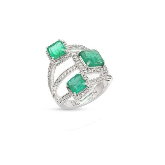 Modern 4.11ct Zambian Emerald & Diamond Three Row Ring Size 7 in 14k White Gold For Sale - Image 3 of 10