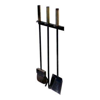 Mid-Century Modern Wall Mounted Brass and Iron Fire Tools For Sale