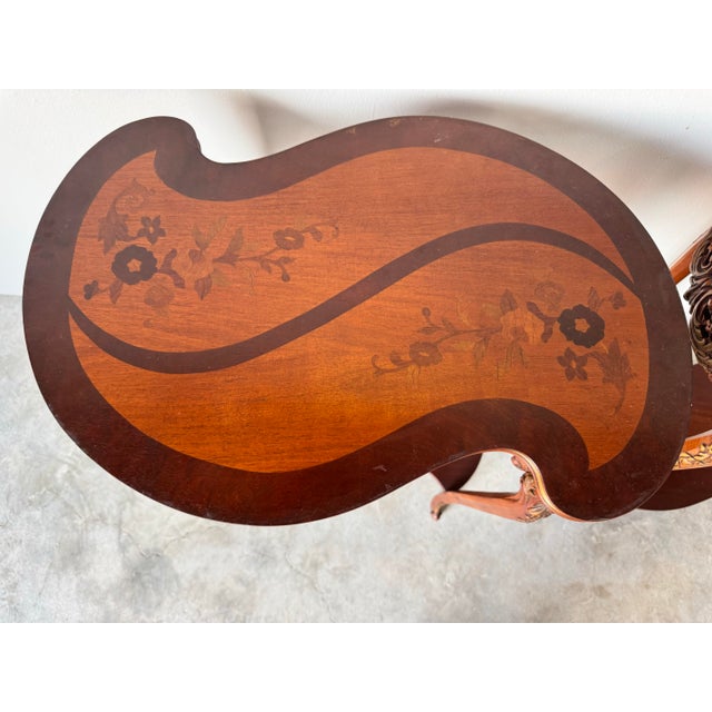 Wood Antique Louis XV-Style Kidney Shape Inlaid Marquetry Two-Tier End Tables or Nightstands – Pair For Sale - Image 7 of 12