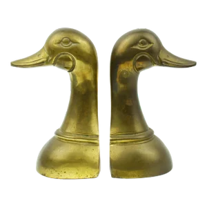 Mid 20th Century Vintage Gold Brass Duck Bird Head Bookends - a Pair