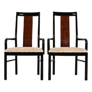 Drexel Heritage Mid-Century Modern Hollywood Regency Black Lacquer and Walnut High Back Armchairs, Pair For Sale