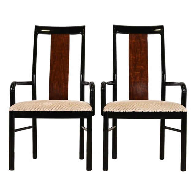Drexel Heritage Mid-Century Modern Hollywood Regency Black Lacquer and Walnut High Back Armchairs, Pair For Sale