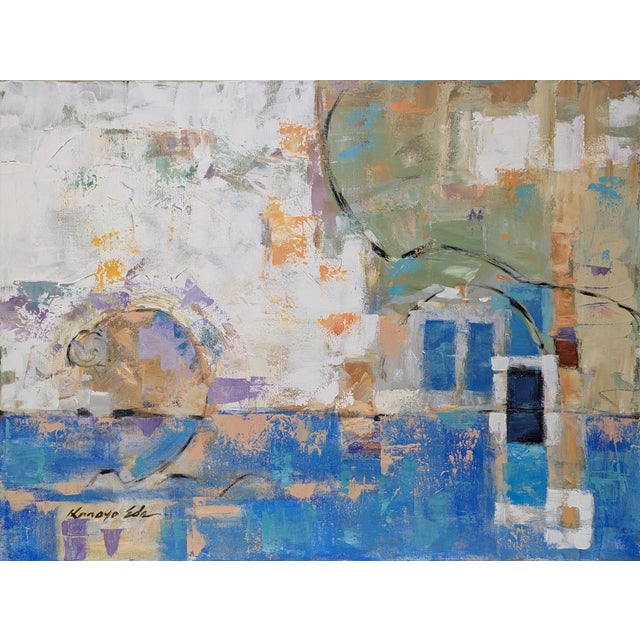 Title: Blue Window. Original Blue White Brown Gray Red Abstract Art on Gallery Wrap Canvas. Size: 30in x 40in