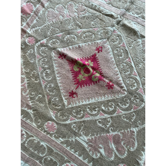 Textile Suzani Wall Tapestry — Neutral Tan Uzbek Tablecloth For Sale - Image 7 of 9