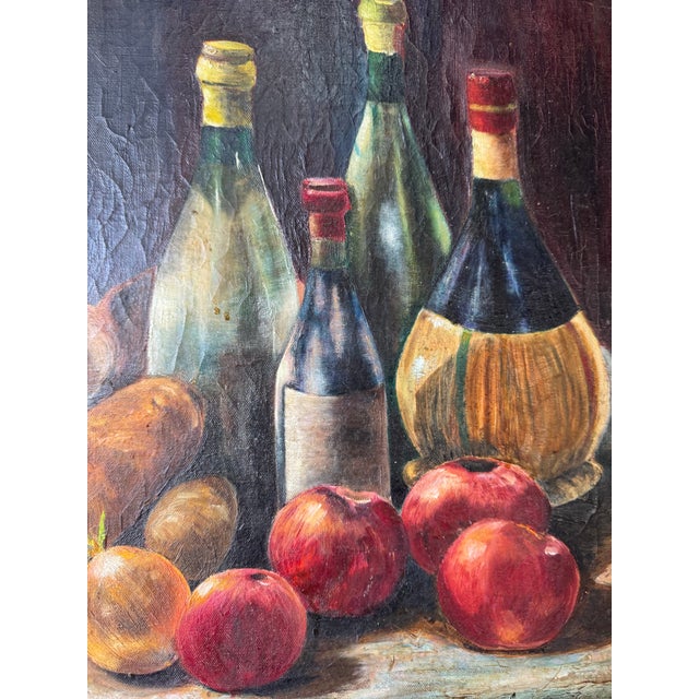 1970s Vintage Impressionist Bread, Fruit & Wine Still Life Oil on Canvas Painting in - Frame For Sale - Image 9 of 10