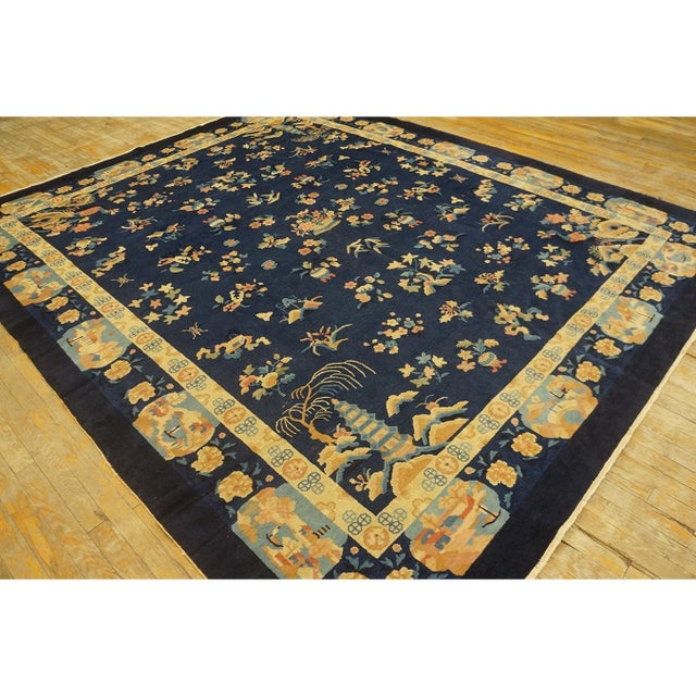 Chinese 1920s Navy Blue Floral Shou Deco Antique Chinese Peking Knotted Rug 8'2" X 9'10" For Sale - Image 3 of 9
