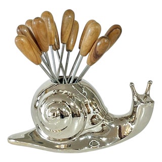 Vintage French Silver Snail With 12 Wood Charcuterie Picks For Sale