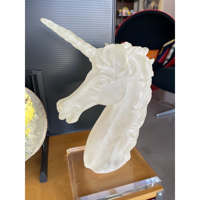 1980s Italian Frosted Lucite Acrylic Unicorn Bust Signed Postmodern Sculpture Object For Sale - Image 9 of 12