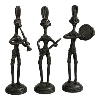 Vintage African Tribal Musician Figurines Cast Iron Metal Sculptures Set of 3 For Sale
