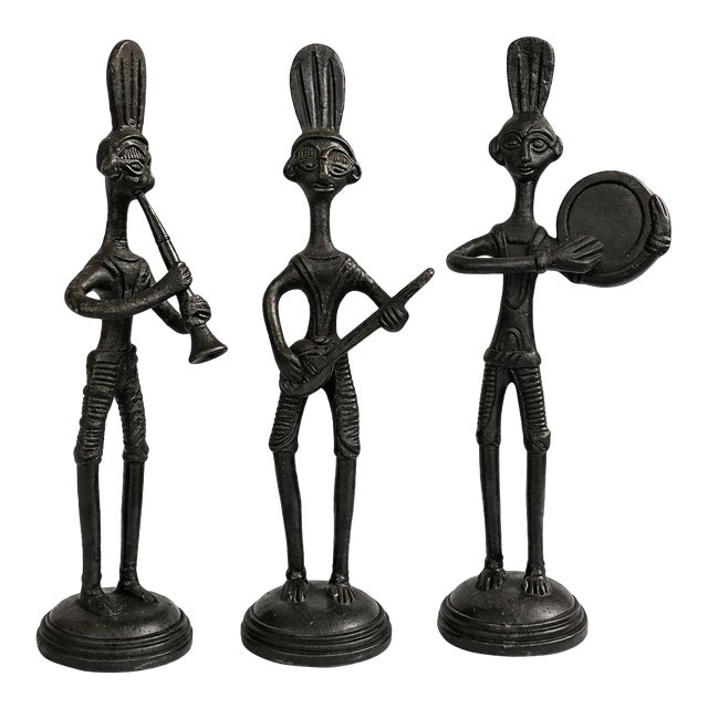 Vintage African Tribal Musician Figurines Cast Iron Metal Sculptures Set of 3 For Sale