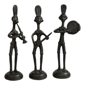 Vintage African Tribal Musician Figurines Cast Iron Metal Sculptures Set of 3