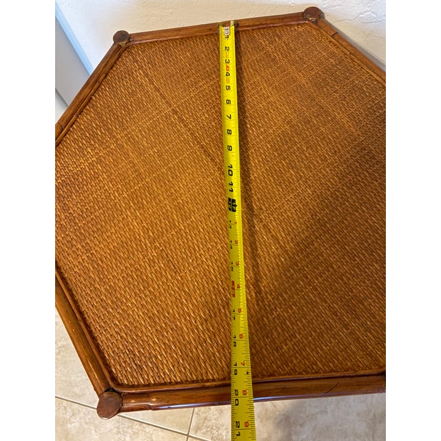 Vintage Asian Chinoiserie Hexagon Faux Bamboo and Rattan Side Table For Sale - Image 9 of 12