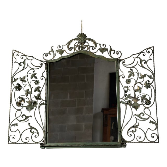 Antique Wrought Iron Mirror with Floral Doors, 1940s For Sale