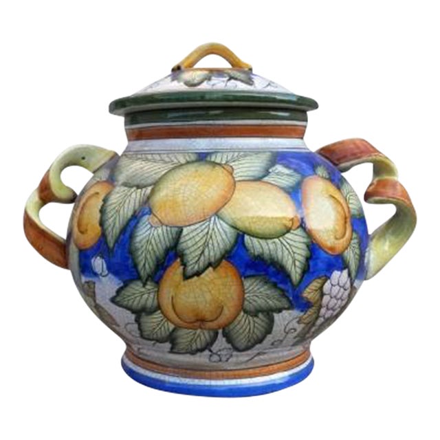 Vintage Biscotti Jar, Cachi E Limoni Deruta Majolica Lidded For Sale