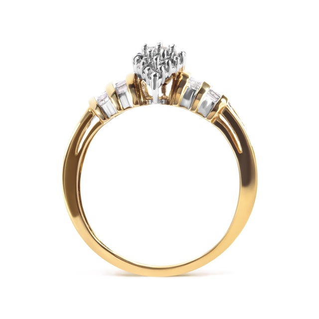 Indulge in the captivating elegance of this exquisite 10K yellow gold ring, adorned with a dazzling collection of...