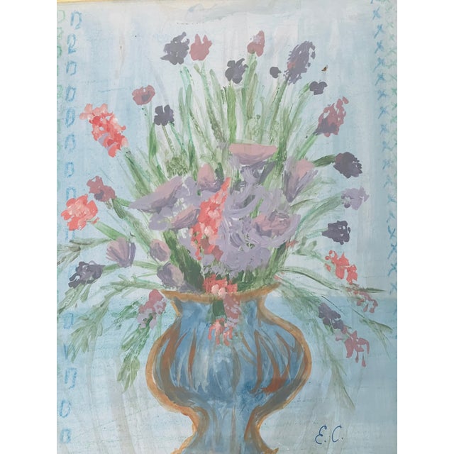 Abstract Vintage Naive Abstract Floral Bouquet in Blue Vase For Sale - Image 3 of 3