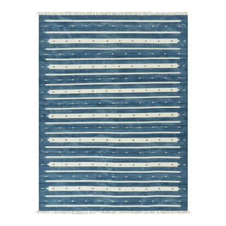 Rug & Kilim's Contemporary Dhurrie Rug in Blue with White Stripes - 12x15 For Sale