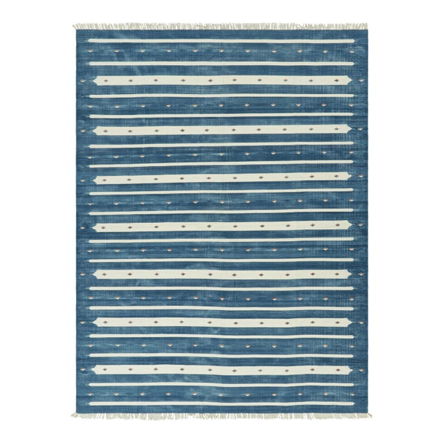 Rug & Kilim's Contemporary Dhurrie Rug in Blue with White Stripes - 12x15 For Sale