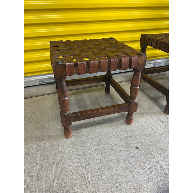 Brown Pair of Vintage Leather Strap Stools For Sale - Image 8 of 8