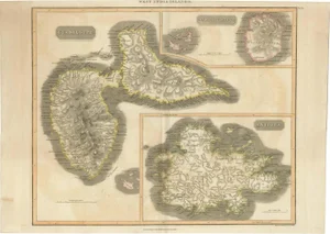 Large Antique 19th Century Map of Guadeloupe and Antigua with Adjacent Isles, 1817