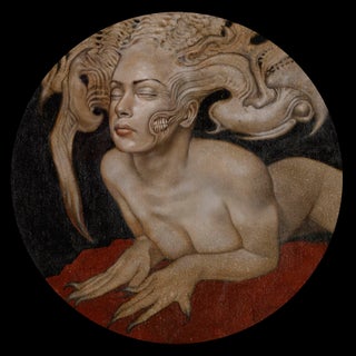 Oracle by Allen Williams | Oil on Board Nude figure with elaborate hair and mythical elements. For Sale