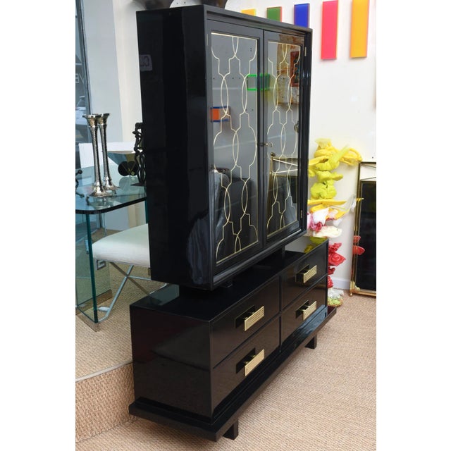 Modern Vintage 1940's Grosfeld House Modernist Black Lacquered Over Wood, Brass and Glass Cabinet For Sale - Image 3 of 13