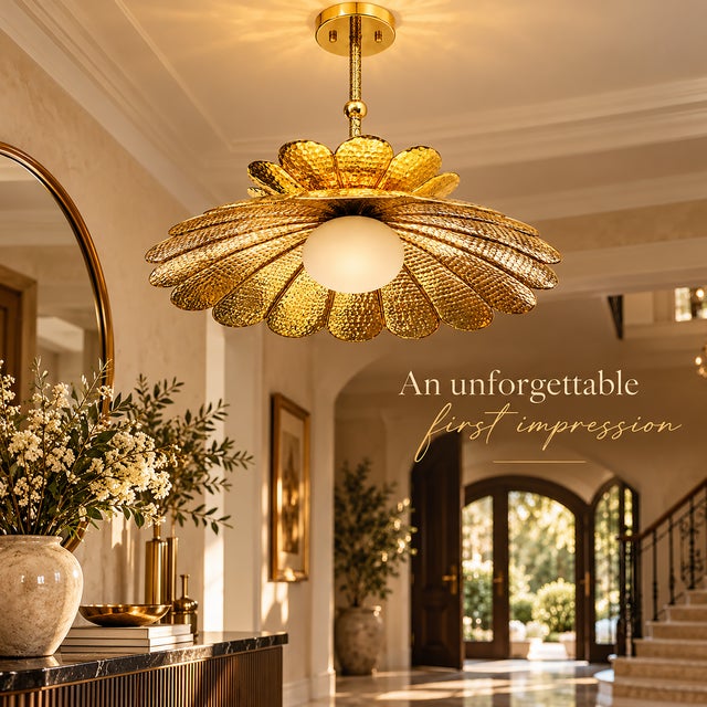 Handmade Brass Flower Chandelier, Hammered Lotus Ceiling Light, Floral Pendant Fixture, Art Deco Lighting for Living Room and Bedroom For Sale - Image 6 of 13