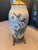 Bing & Grøndahl, Copenhagen, porcelain vase lamp, hand-painted white flowers on a pale blue ground. Brass footed base,...